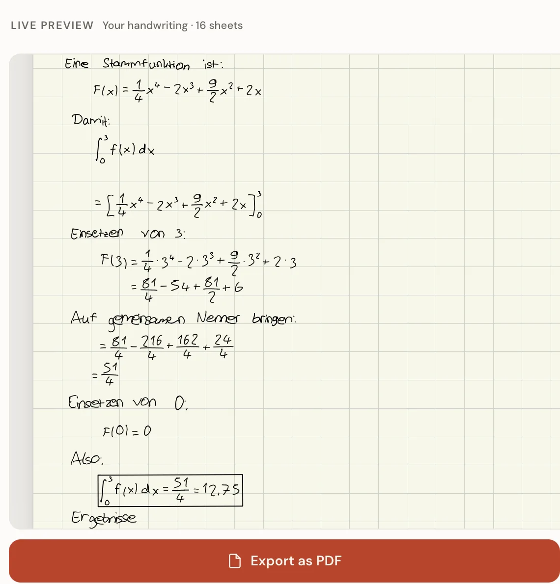 A worked integral written by hand on squared paper: the antiderivative, the limits substituted, and the result boxed at the bottom of the sheet.